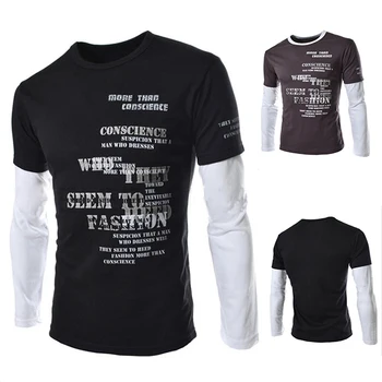 

Free Shipping Men's Long-sleeved T-shirt Fake Two Letters Printed Design Of High-quality Cotton T-shirt