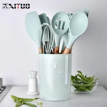 XITUO Пищевая силиконовая деревянная ручка 12 шт. набор кухонный шеф-повар с ящиком для хранения шпатель спагетти ложка инструмент для приготовления пищи