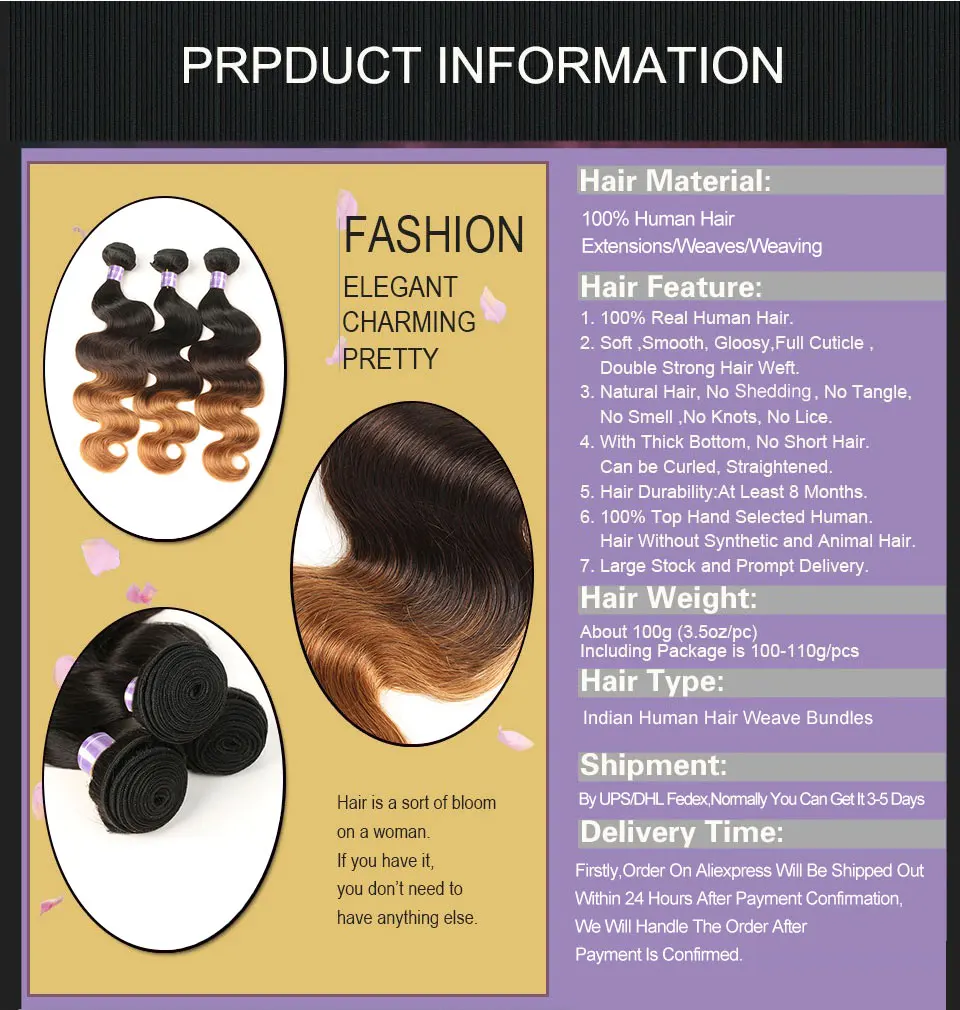 ALIMICE Ombre Indian Hair Body Wave Hair 3 Bundles T1B430 Ombre Human Hair Weaves Bundles Three Tone Non Remy Hair Extensions (12)