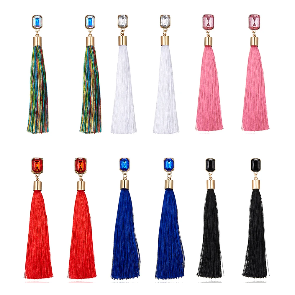 

6 Colors Bohemian Geometric Crystal Tassel Earrings Silk Fabric Long Drop Dangle Tassel Earrings For Women Jewelry Accessories