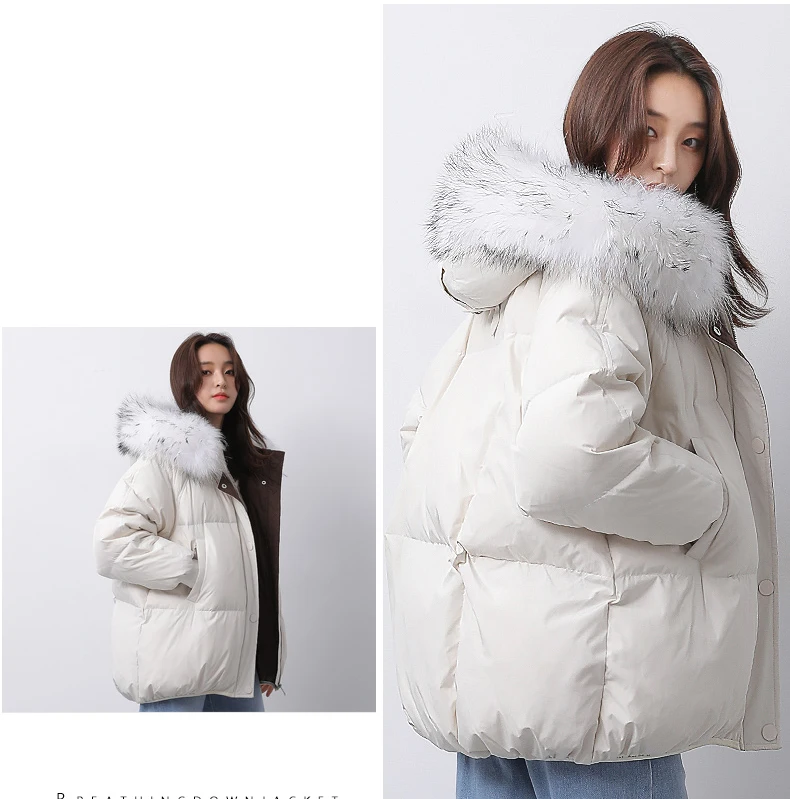 Женская зимняя куртка большого размера с большим меховым воротником из натурального енота, Женская парка с капюшоном, модные женские зимние пуховики