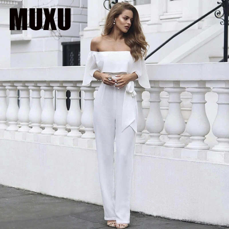 

MUXU white jumpsuit long summer women elegant ruffle sexy off shoulder rompers womens jumpsuit body feminino combinaison femme