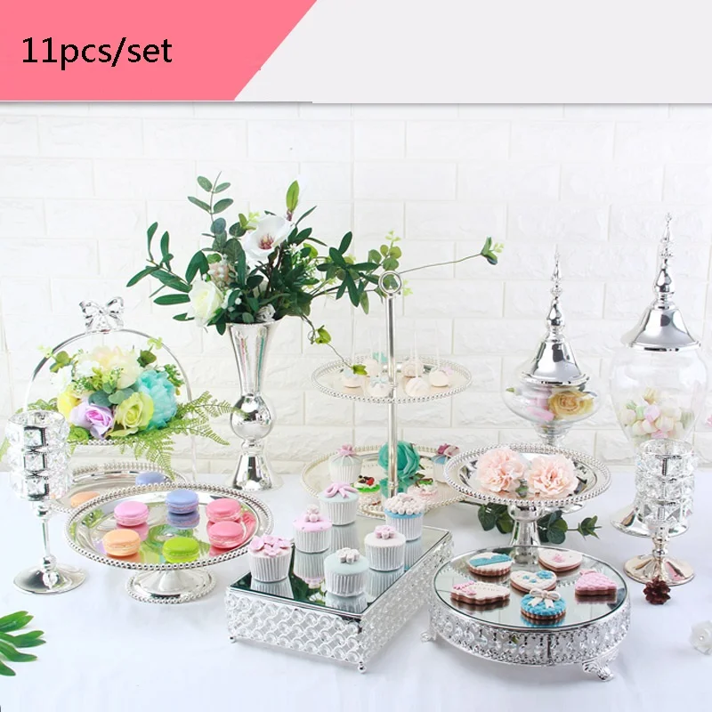 

11PCS/Set sliver plated Wedding dessert storage tray Cake stand display Metal vase Candy tank candle holder home decora TZ007
