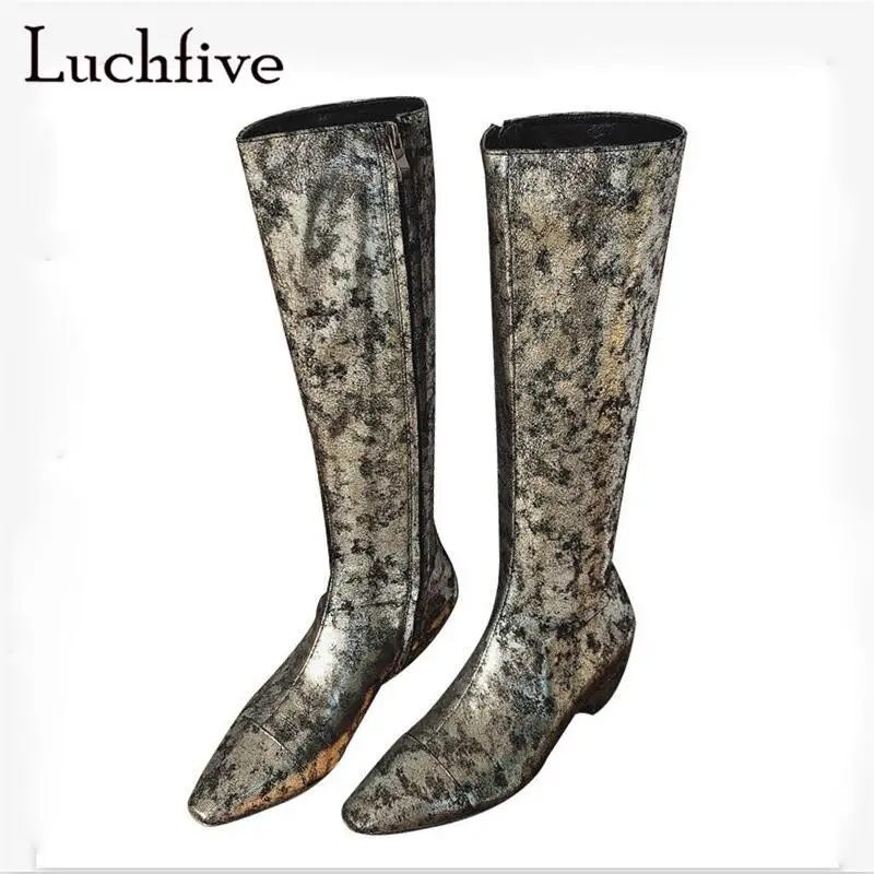 

Kid suede print pattern knee high boots women genuine leather pointy toe female shoes silver med heels zipper long boots