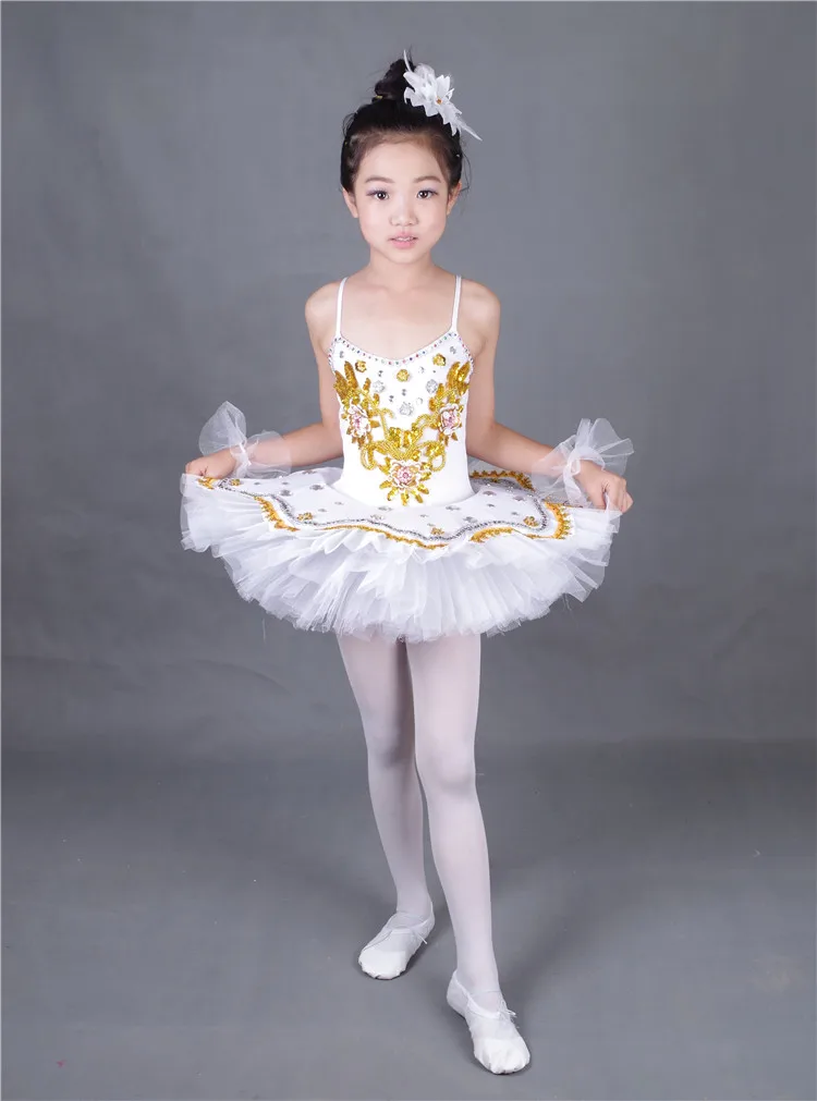 Балерина с перьями для девочек, детский костюм с блестками, белое платье-пачка с лебедем и озером, танцевальная одежда, балетная одежда для детей, платье для балета - Цвет: white gold