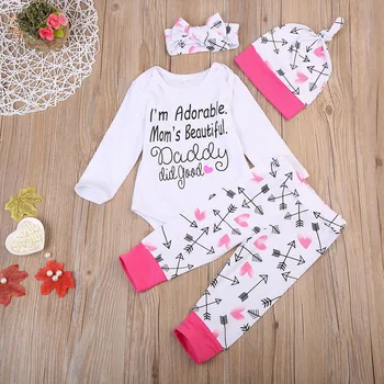 

2018 Baby Girl Cotton Long Sleeve Tops Jumpsuit Pants Outfit Set Clothes 0-18M fashion haedband and hat wild lovely CH