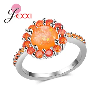 

Beautiful Flowers Orange Crystals Opal 925 Sterling Silver Good Quality Jewelry Rings Women Statement Wedding Accessory