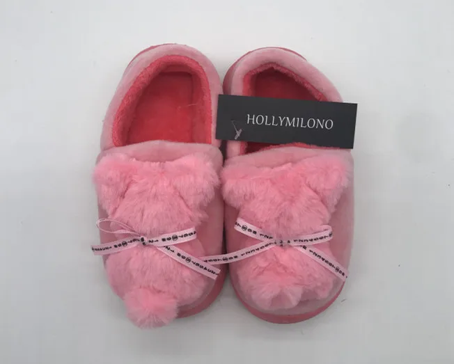 Детские сандалии для девочек; обувь-тапочки с бантом и кроликом; Милые Ботильоны на каблуке с искусственным мехом; Детские домашние шлепанцы для девочек; 26-31 - Цвет: Розовый