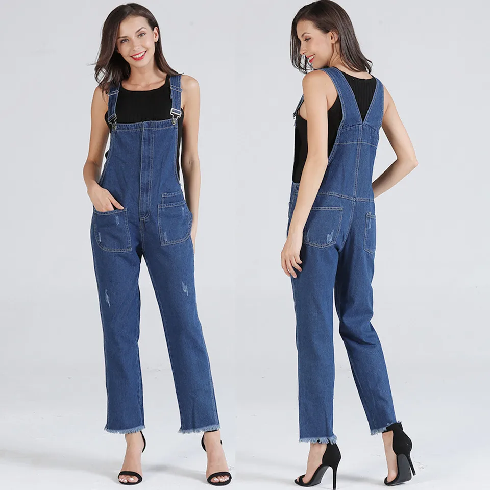 

2019 Women Ladies Baggy Denim Jeans Bib Full Length Overall Solid Loose Causal Jumpsuit Pants
