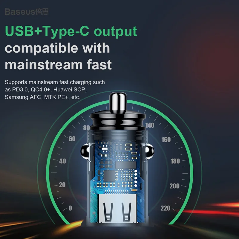 Baseus 30W Car Fast Charger Quick Charge 4.0 3.0 USB Type-C Fast Charging Car Phone Charger For Huawei Xiaomi iPhone 12