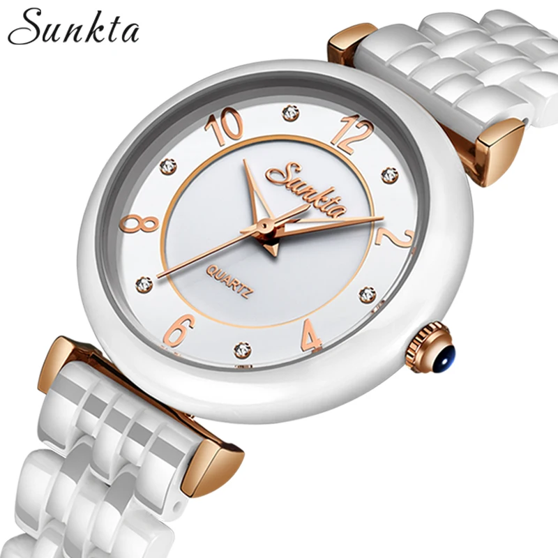 

SUNKTA White Ceramic Diamond Quartz Clock Rose Gold Women Watches Waterproof Top Brand Luxury Watch Women Dress Relogio Feminino