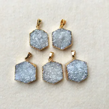 

5pcs Gold color Natural crystal Titanium AB Druzy hexagon Pendant Bead,Quartz Drusy charms Geode Jewelry necklace Making PD269