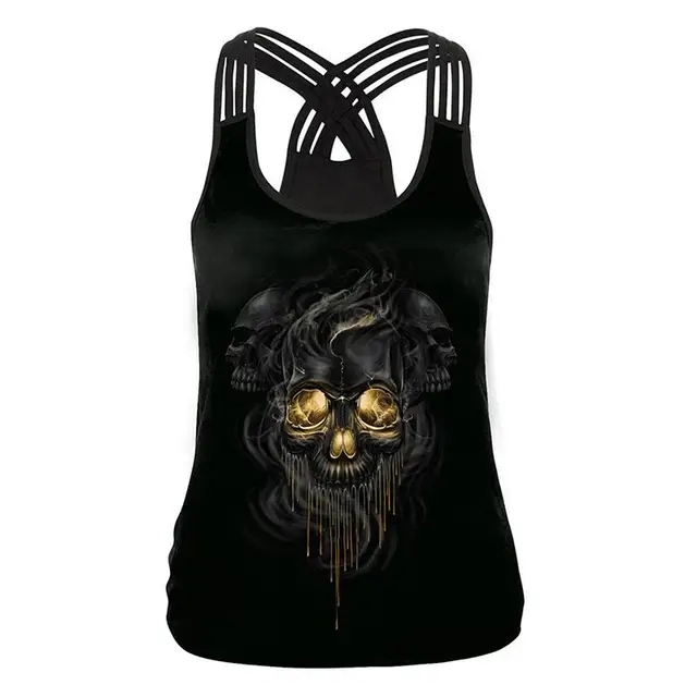 Summer Sleeveless Sexy Tank Top Women T-Shirt Black Vest Tops 3D Print Skull Head Camisole WS7410V 1