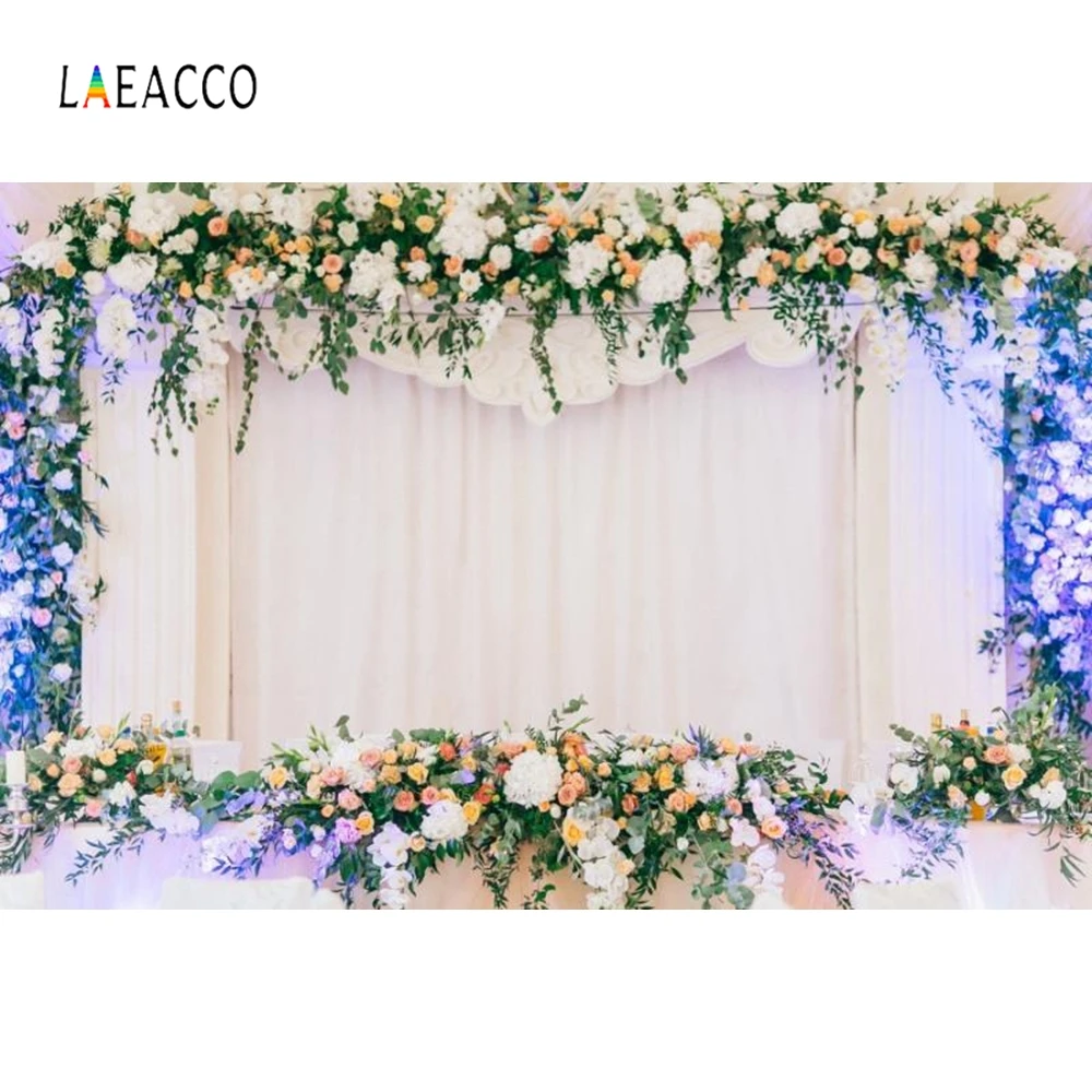 

Laeacco Wedding Photocall White Curtain Flowers Backdrops Frame Photography Background Photographic Backdrops for Photo Studio