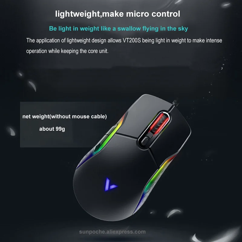 Rapoo Wired Gaming Mouse Mice 16000DPI 400IPS IR Optical Sensor VT Customizable Chip RGB Backlit 8 Programmable Keys Ergonomic