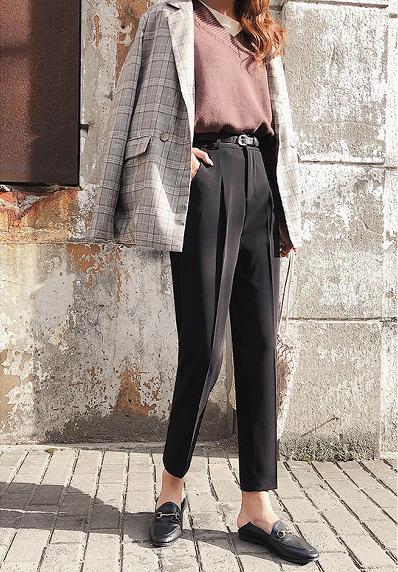 Офисные женские черные брюки, повседневные узкие брюки с поясом, высокая талия, элегантные деловые брюки для женщин, pantalon femme