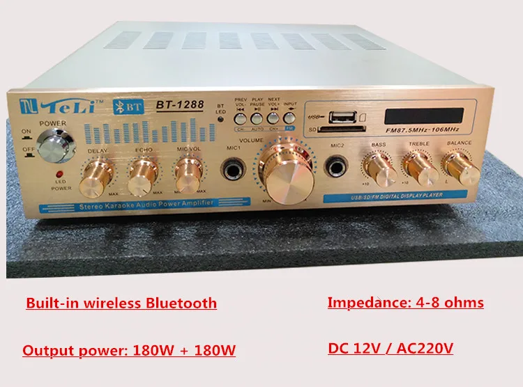 BT 1288 DC12V / AC220V 180W + 2 0 channel HIFI home Bluetooth музыкальный аудиоусилитель с микрофоном USB SD