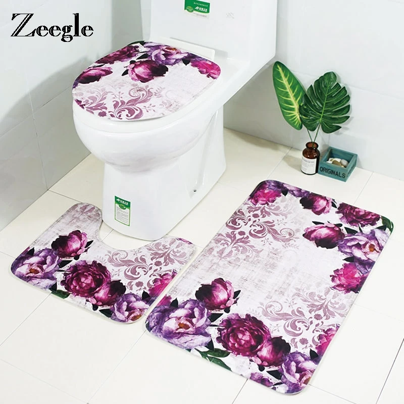 Zeegle 3pcs Bathroom Mat Toilet Seat Cover Set Waterproof Bathroom