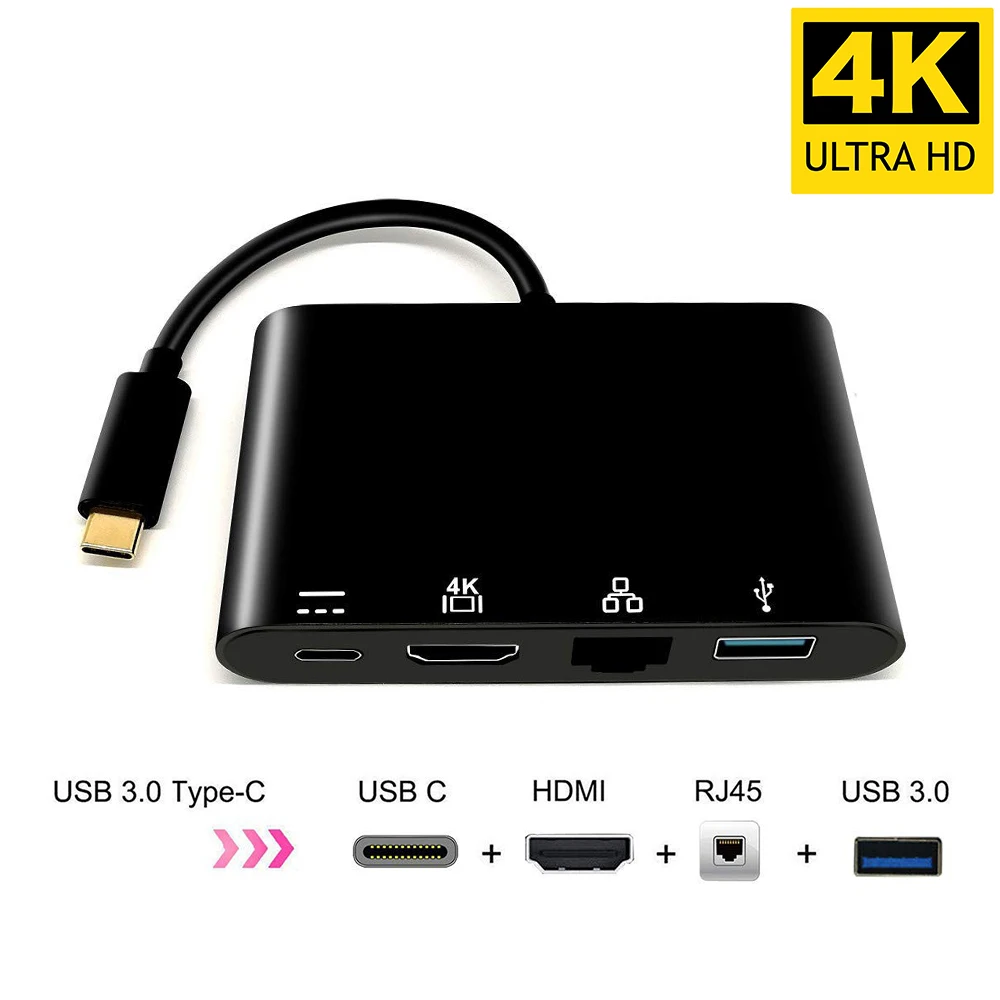 

USBC 3.1 Type C 3.0 to HDMI Rj45 USB 3.0 Converter 4 in 1 4K 30Hz 2.7Gbs U Disk Extend Hub for Macbook Pro Samsung S8 XPS 13/15