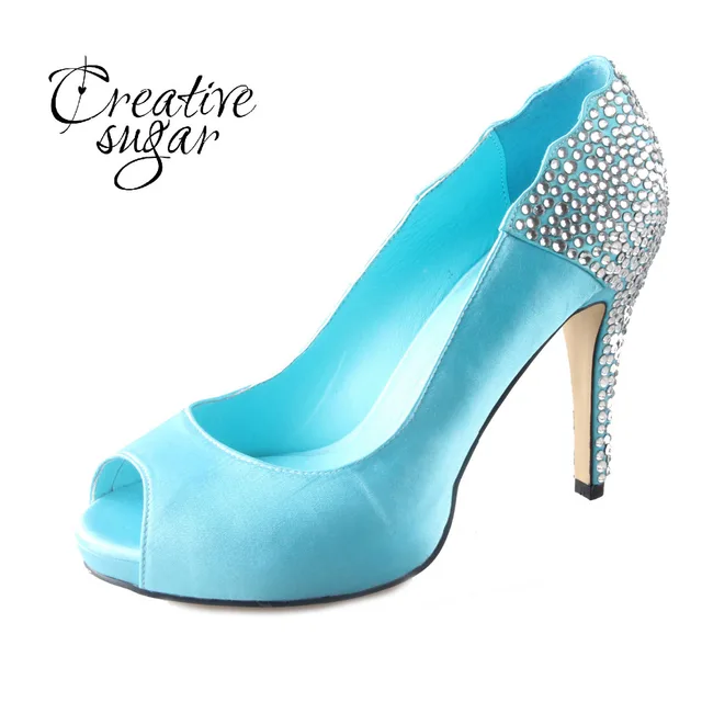 hecho a mano aqua azul turquesa rhinestone abierto peep toe mujer