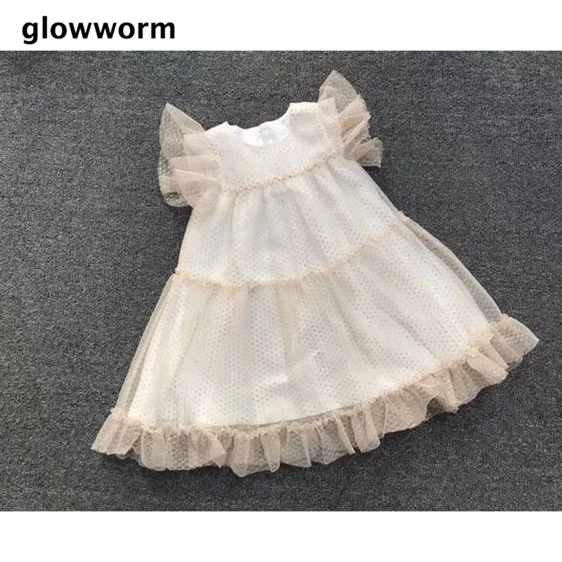 

GlowwormKids Girls Dress 2018 New Summer Runway Girl Dress Golden Dot Gauze Dress Lotus Leaf Sleeve Children Clothes 2-8T hs025