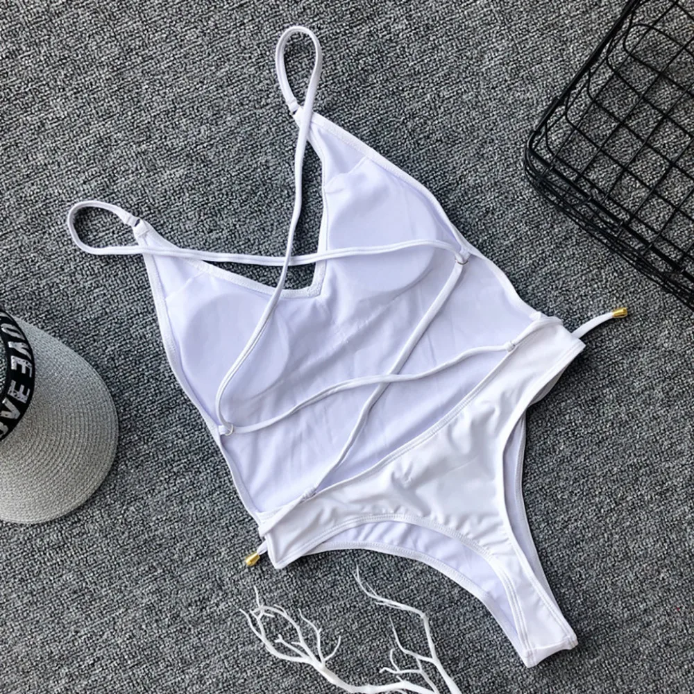 2019 women's drawstring halter one-piece sexy bikini set summer solid color sexy swimwear push up bikinis e fatos de banho 40J13 (14)