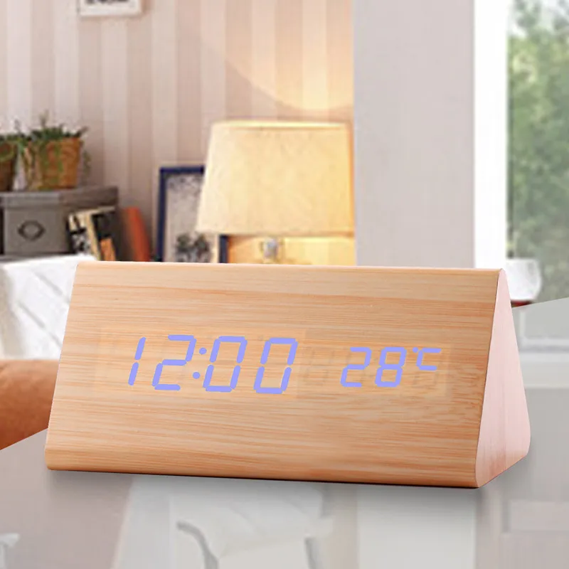 Высококачественный бамбуковый и деревянный треугольный акустический контроль светодиодный цифровой будильник термометр Horloge светящийся Relogio Despertador - Цвет: yellow blue clock