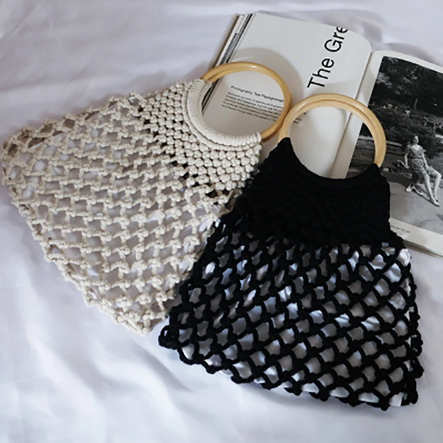 

Women Handmade Mesh Bags Knotted Rattan Ring Handbag Thick Cotton Thread Hollow Hook Line Bags Large Capacity Beach Bag 2019
