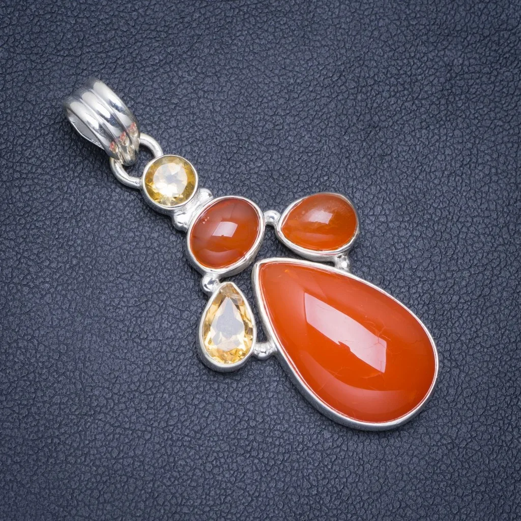 

Natural Carnelian and Ctrine Handmade Unique 925 Sterling Silver Pendant 1.75" A0401