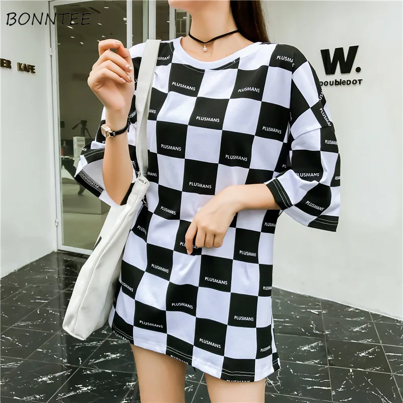 

T-shirts Women Plaid Checkerboard Stylish Long Letter Printed Batwing Sleeves Womens T-shirt All-match Simple Trendy Hip Hop