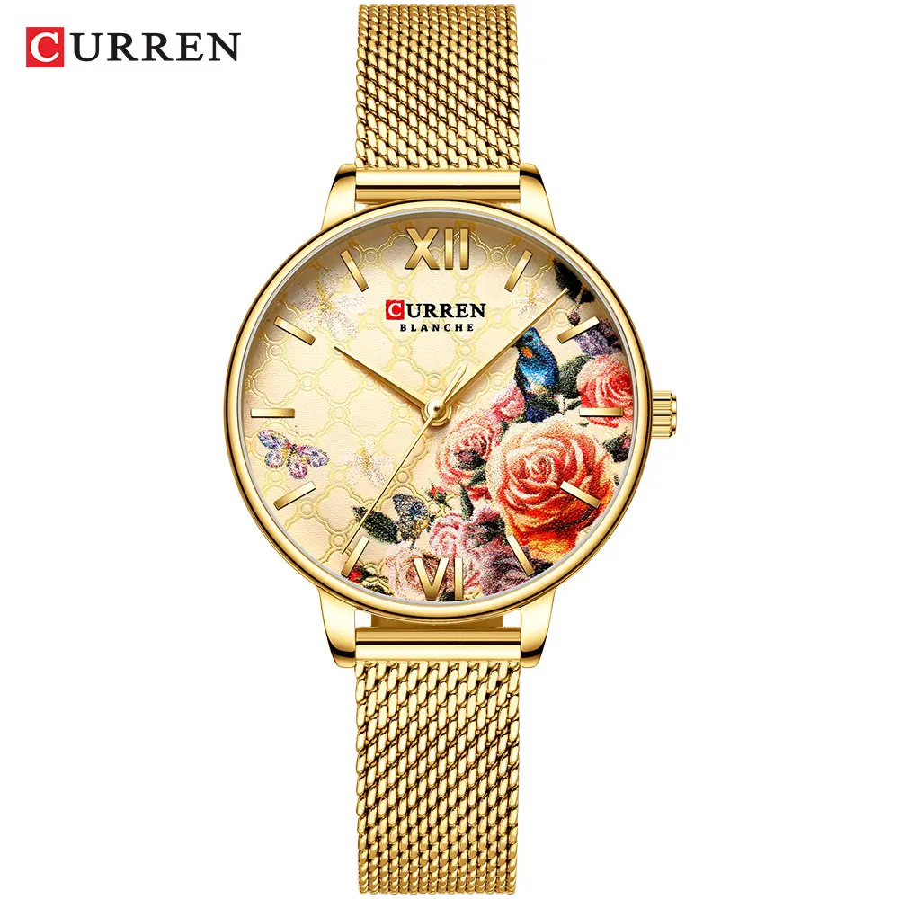 CURREN красивый цветочный дизайн часы женские модные повседневные кожаные женские наручные часы женские кварцевые часы - Цвет: S-gold watch