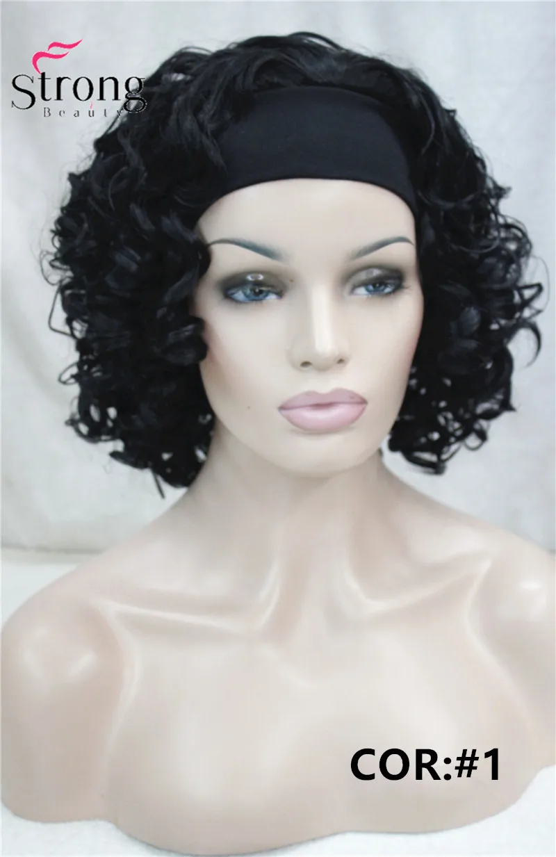 StrongBeauty короткий кудрявый черный синтетический парик с головной повязкой для женщин