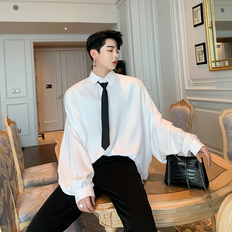 

Men Vintage Oversize Loose Long Sleeve Tie Casual Black White Shirts Male Women Streetwear Hip Hop Party Stage Show Dress Shirt