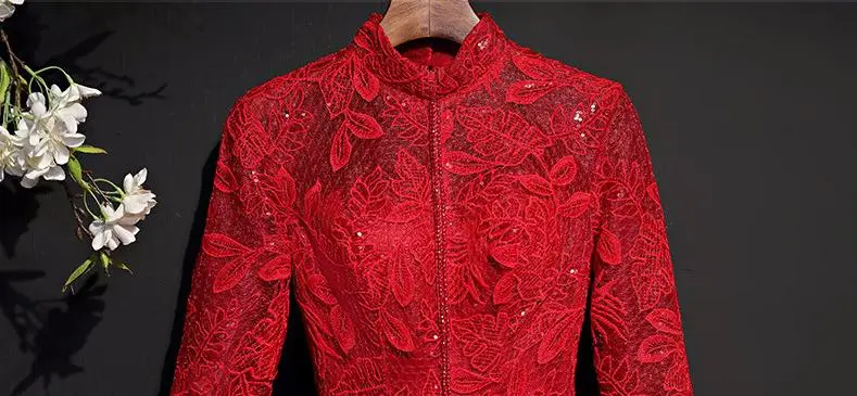 VENSANAC Vintage High Neck Red Embroidery A Line Sequined Long Evening Dresses 2018 Lace Long Sleeve Party Prom Gowns