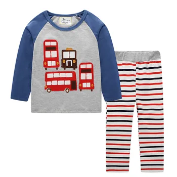

Bus cars applique high quality cotton raglan long sleeve shirt boy kids clothes set