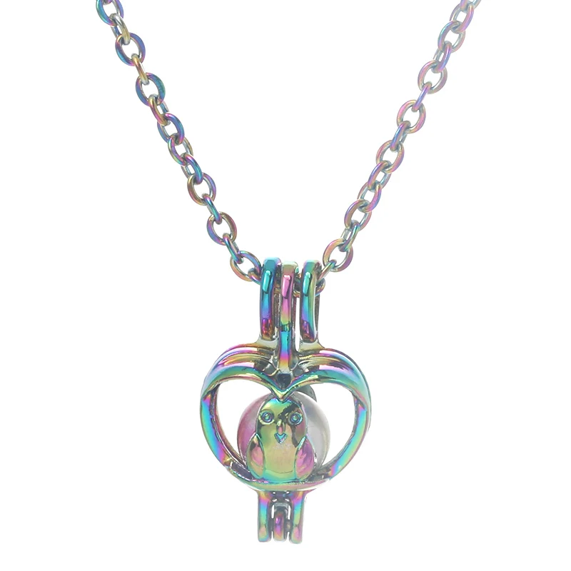 Rainbow Color Heart Bird Fine Pearl Cage Pendant Necklace Aromatherapy