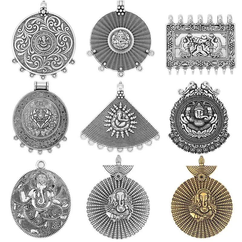 

2pcs Large Antique Silver Indian Ganesha Elephant Buddha Connector Pendants Flower Charms For Necklace Making Findings