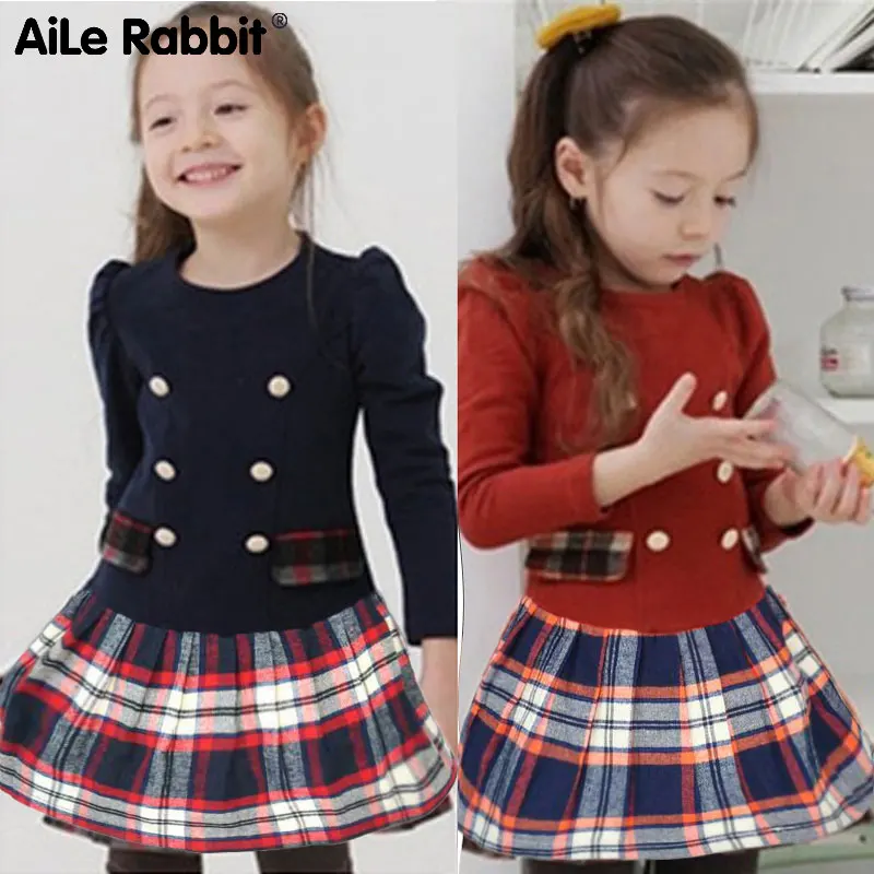 AiLe Rabbit/Одежда для девочек; платья; клетчатое платье с длинными рукавами в студенческом стиле; Пуговицы в британском стиле; детская одежда; темно-синий цвет; k1