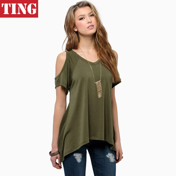 2015 New Army Green Off Shoulder V neck Women T shirt Fashion Brand