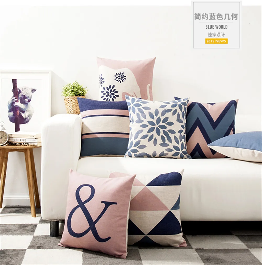 

Decorative Throw Pillow Case Geometric Pink Blue Geometry Cotton Linen Cushion Cover Decoration For Car Sofa Home Cojines