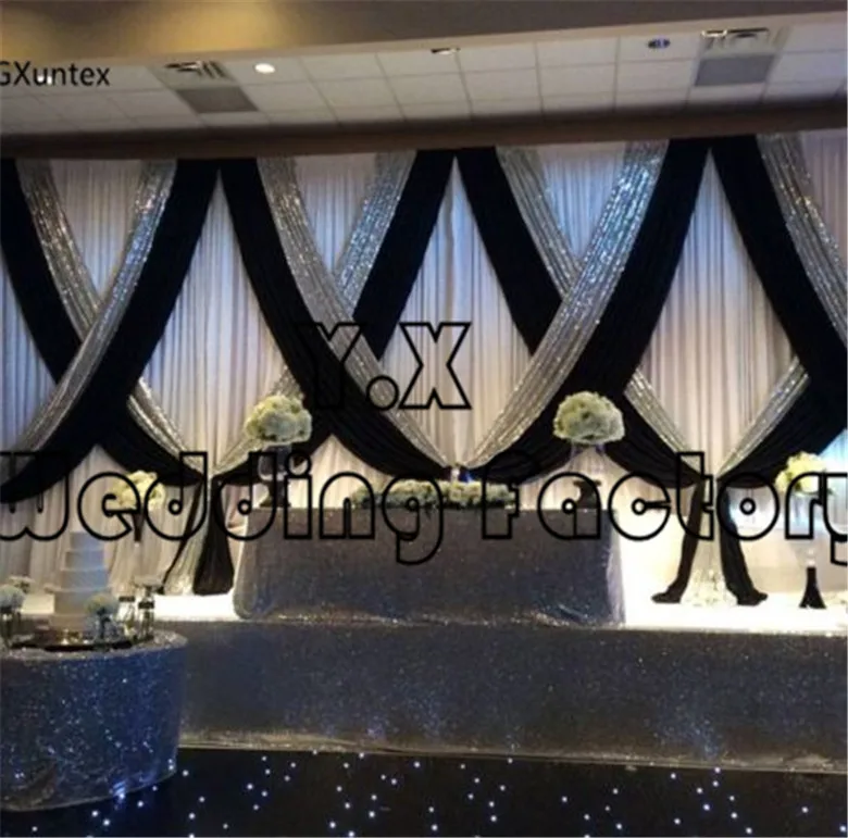 

White ice silk And Black Wedding Backdrop Curtains \ Stage Background For Birthday Party Event Decoration