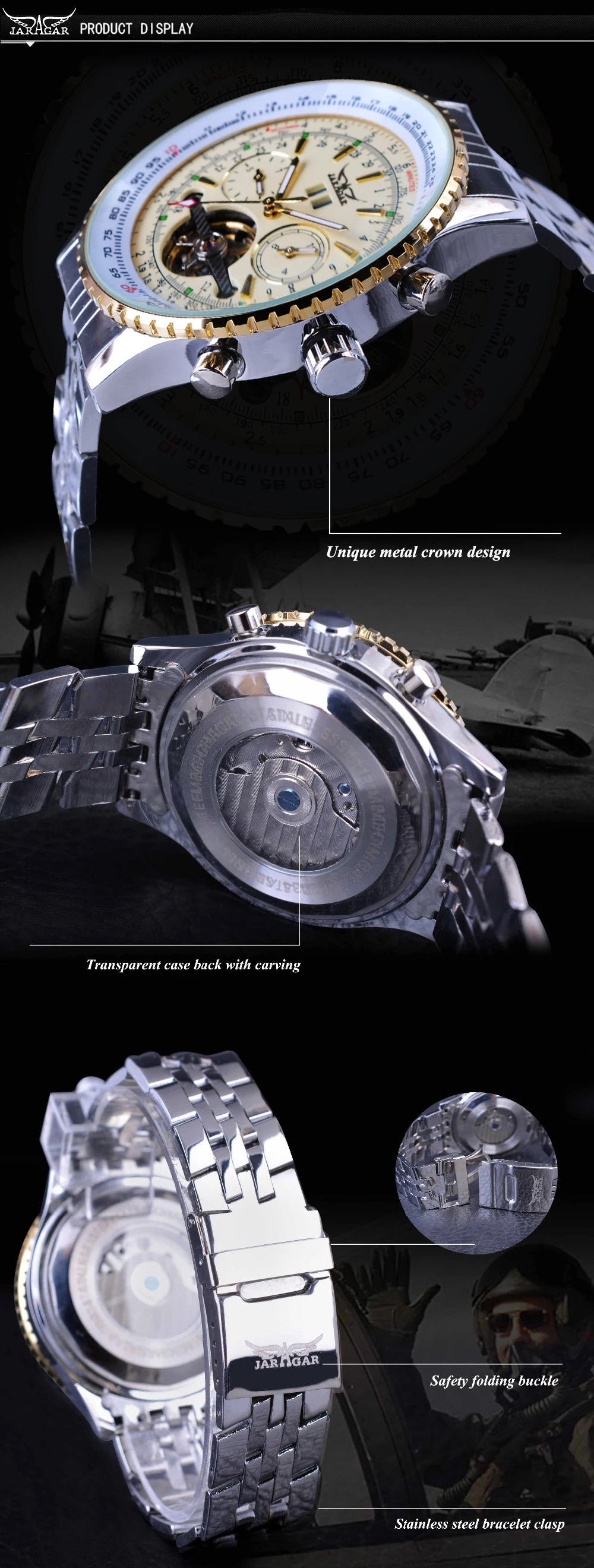 JARAGAR, Мужская коллекция, люксовый бренд, автоматические механические часы, серебристо-белые, нержавеющая сталь, ремешок с ободком, Tourbillon, мужские наручные часы