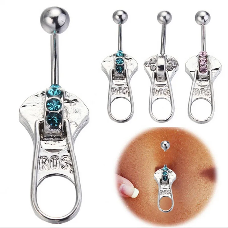 

Surgical Steel Creative Zipper Dangle Belly Button Ring Sexy Crystal Double Piercing Barbell Navel Piercing Fashion Body Jewelry