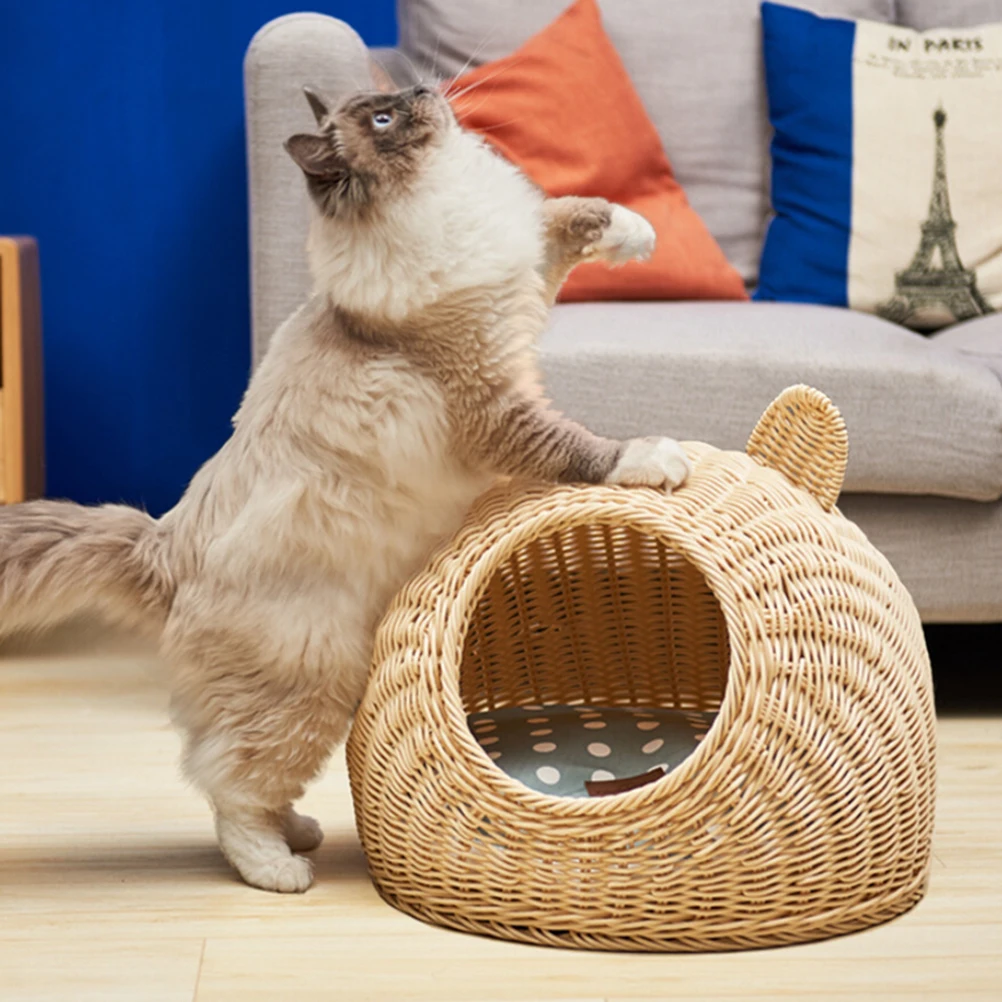 

1pc Pet Rattan House Summer Simple Cute Pet Cat Small Dog Cave Sleeping