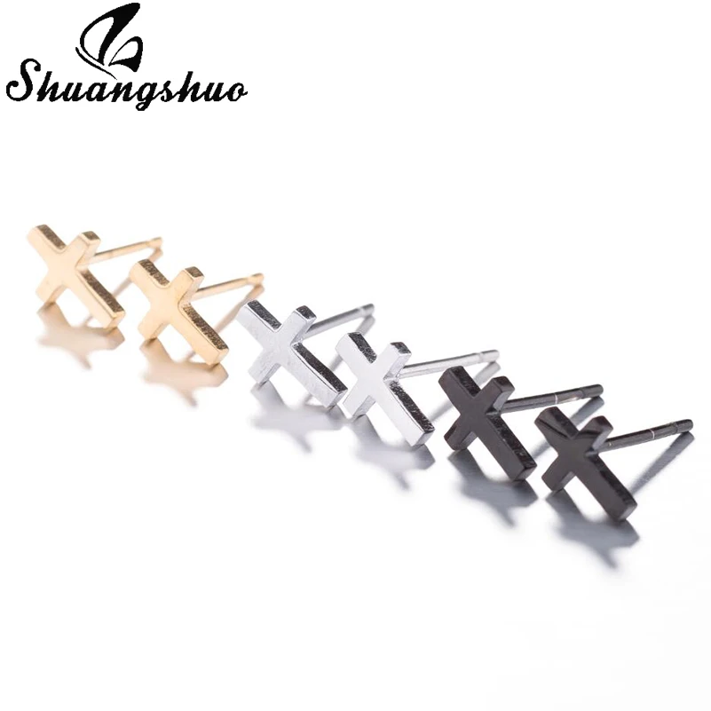 Shuangshuo Punk Korean Earrings Cross Stainless Steel Earrings Cross Stud Earrings Women Jewelry Studs Small Earrings oorbellen