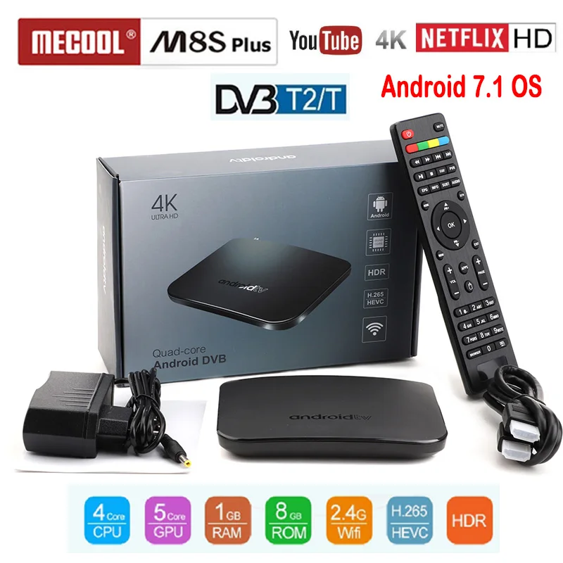 

MECOOL DVB-T2 Android 7.1 WiFi TV Box Amlogic S905D 1G ROM 8G RAM 2.4G 100M Support 4K H.265 DVB T2 M8S Plus DVB Media Player