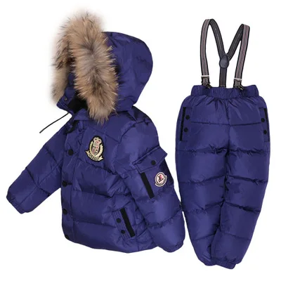 Очень теплые зимние костюмы для детей куртка-пуховик на утином пуху для мальчиков и девочек+ комбинезон комплект одежды из 2 предметов, теплая детская зимняя одежда Высокое качество, T15 - Цвет: Синий