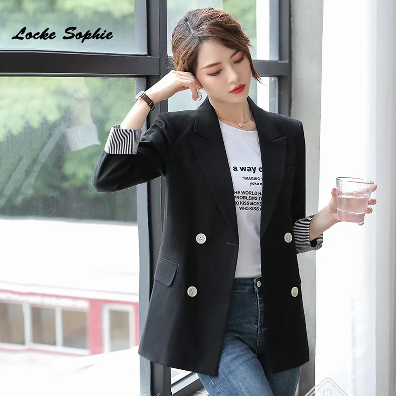 1pcs Women's Plus size Blazers coats 2019 Autumn cotton blend Double-breasted Small Suits jackets ladies Skinny Blazers Suits