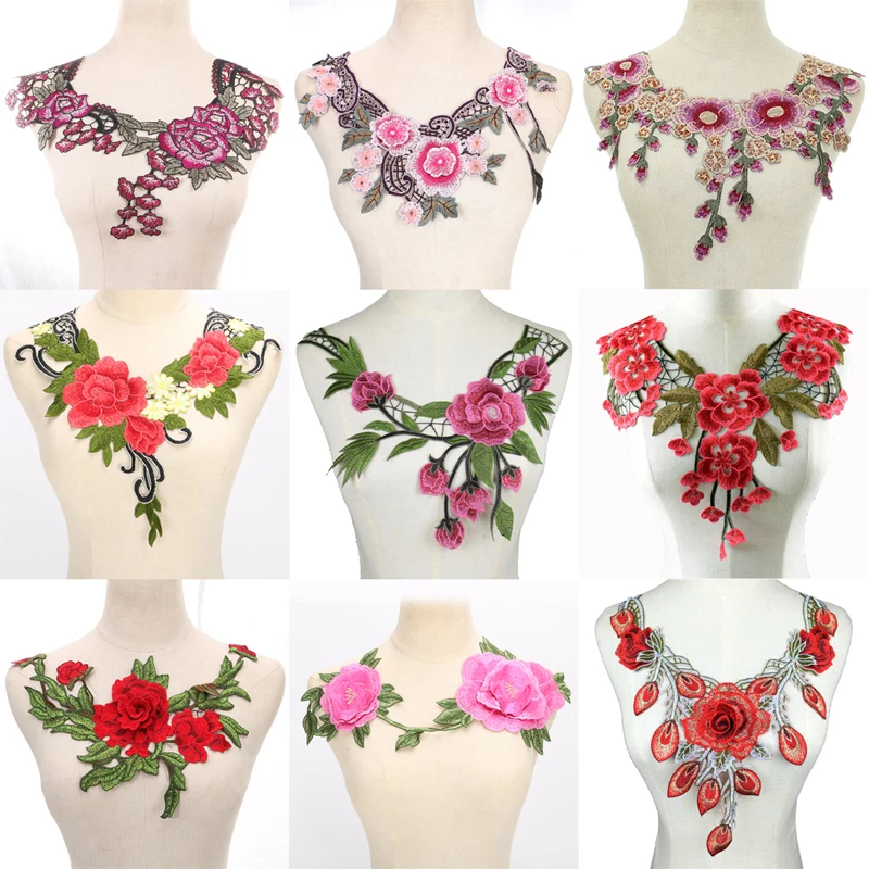 

Pink Red Embroidery Organza Guipure Lace Neckline Collar Fabric DIY Floral Neckline Lace Sewing Accessories Applique