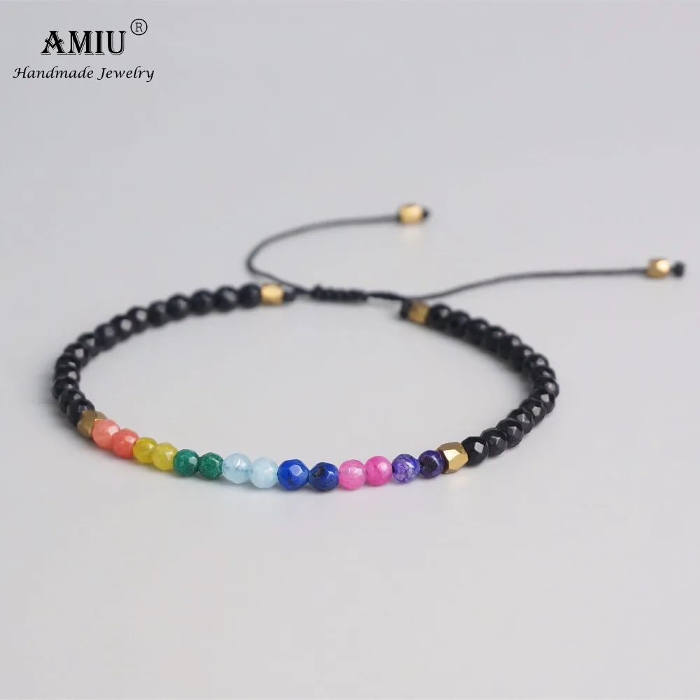 AMIU 7 Colors Lucky Chakra Natural Stone Simple Bracelet Beads Adjustable Bracelet Natural Crystal Bohemia Prayer Bracelets